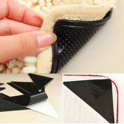 Secure rug grippers with polymer technology to prevent curling, slipping, and tripping on hardwood, tile, and other floor surfaces