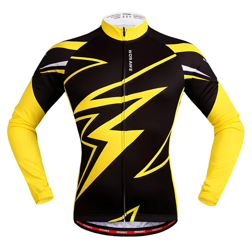 Long sleeve mountain bike cycling jersey in black white with breathable mesh underarms and reflective back for night rides, sizes S-XXL