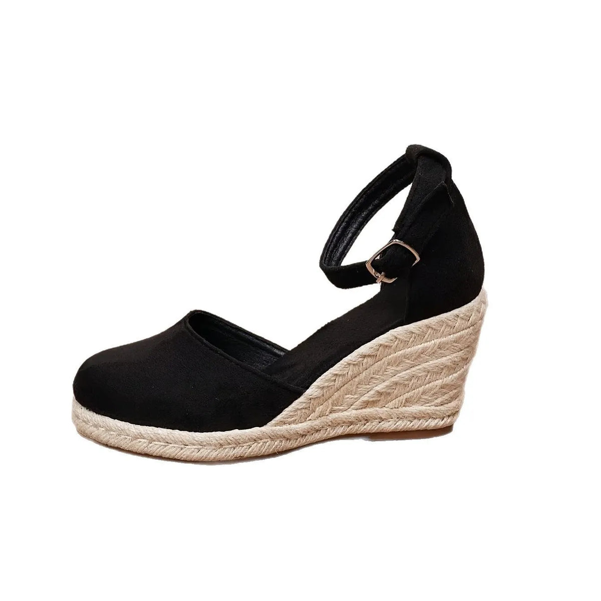 Women's apricot suede Roman style wedge sandals with adjustable buckle on a white background.