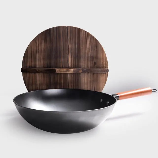 Traditional handmade iron wok pan with wooden handle, 40 cm diameter cooking surface