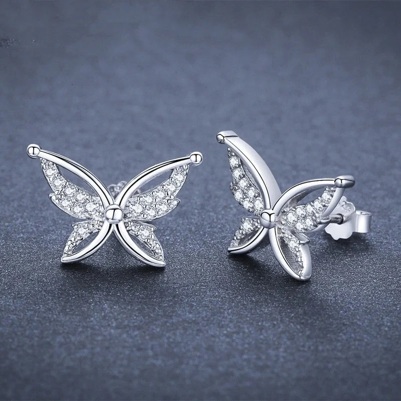 Black butterfly copper-plated stud earrings with full rhinestone zircon detailing