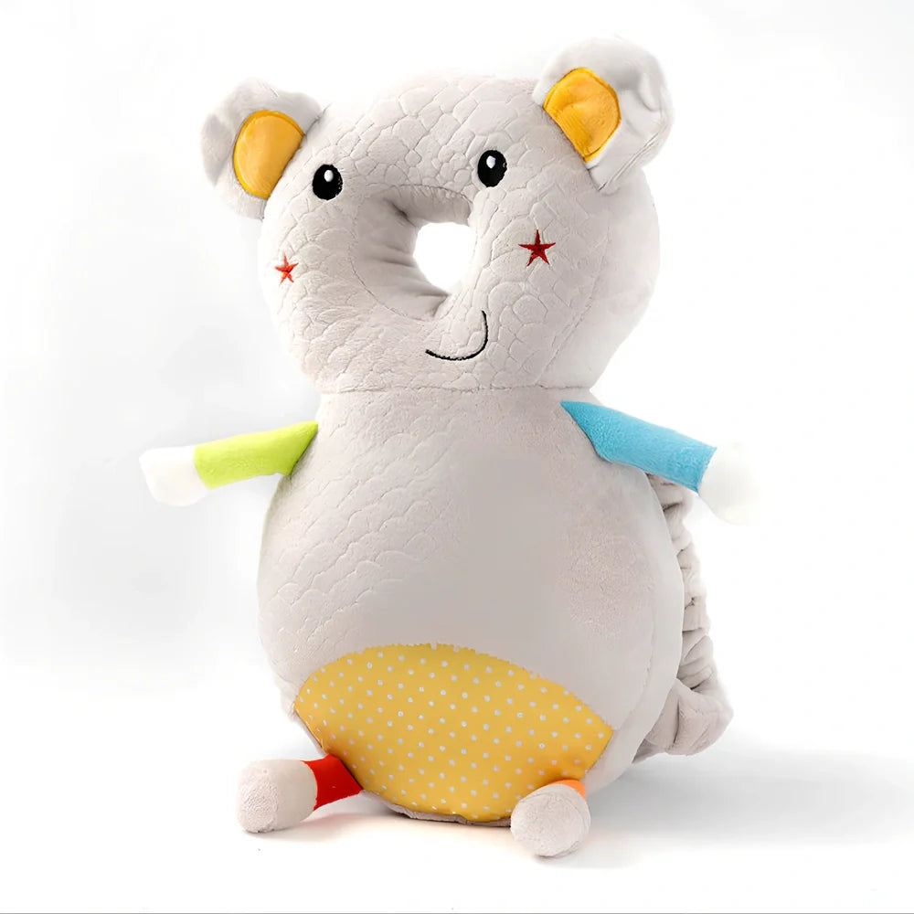 Toddler head protection pad with animal character design showing 33cm by 19cm dimensions