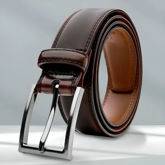 Men's brown genuine leather belt with textured Wild 95 grain and a silver alloy buckle.