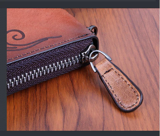 Premium leather clutch bag with hand-brushed finish, featuring multiple interior compartments for convenient organization