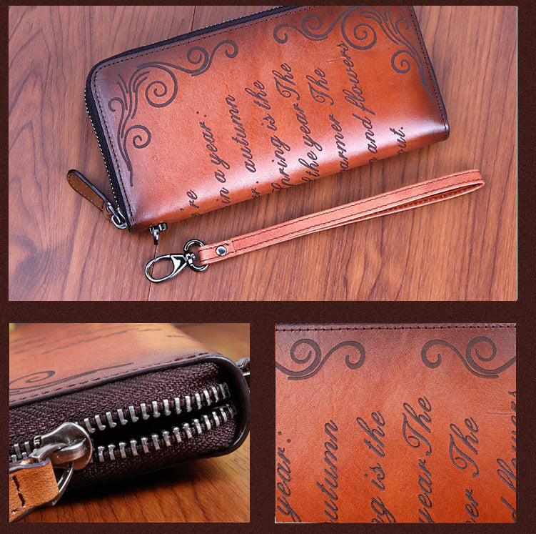 Premium leather clutch bag with hand-brushed finish, featuring multiple interior compartments for convenient organization