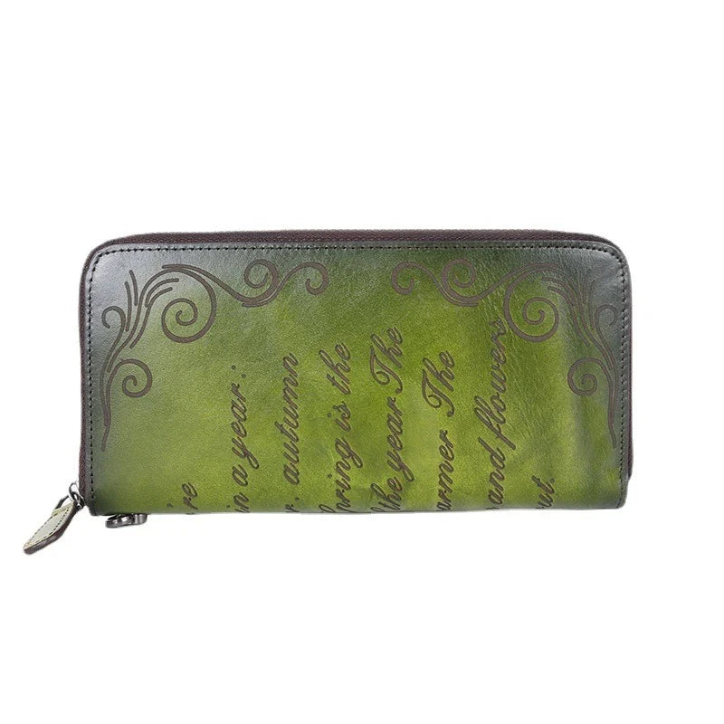 Premium leather clutch bag with hand-brushed finish, featuring multiple interior compartments for convenient organization
