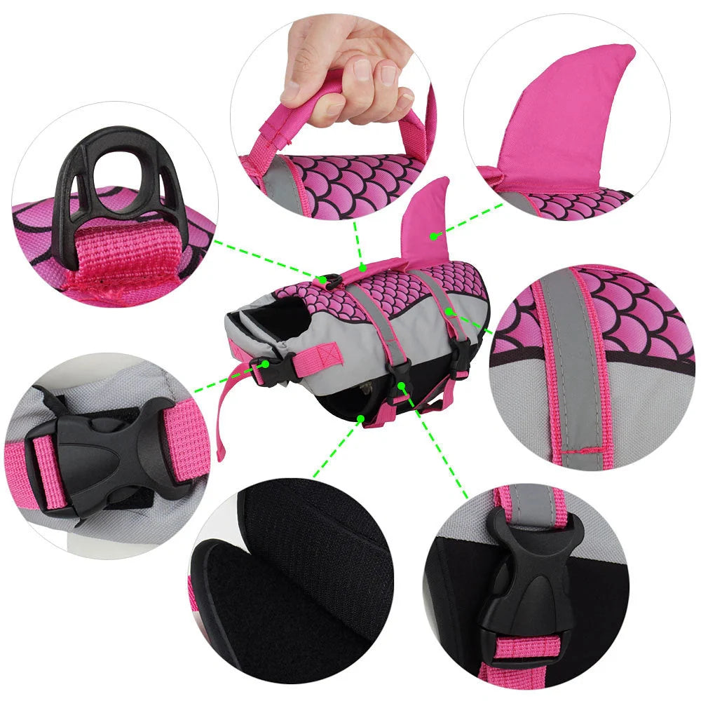 High buoyancy dog swim vest with emergency handle and leash attachment in multiple colors