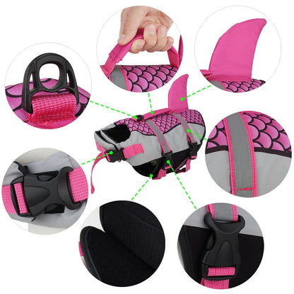 High buoyancy dog swim vest with emergency handle and leash attachment in multiple colors
