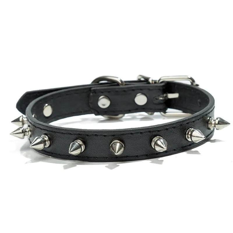 Spiked black PU leather dog collar with metal studs and an alloy metal fastener.