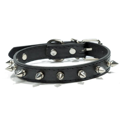 Spiked black PU leather dog collar with metal studs and an alloy metal fastener.