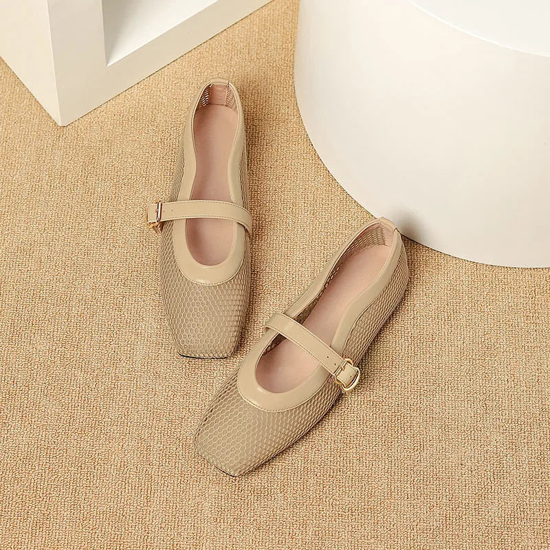 Women's beige mesh summer pump with square toe, flat heel, and buckle closure on a white background.