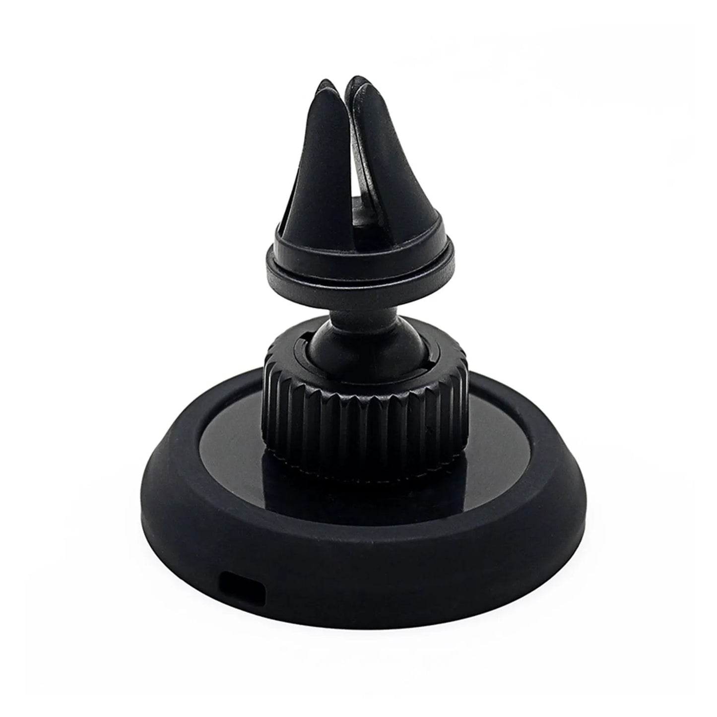 Black magnetic car phone holder showing both air vent mount and base dashboard mount options