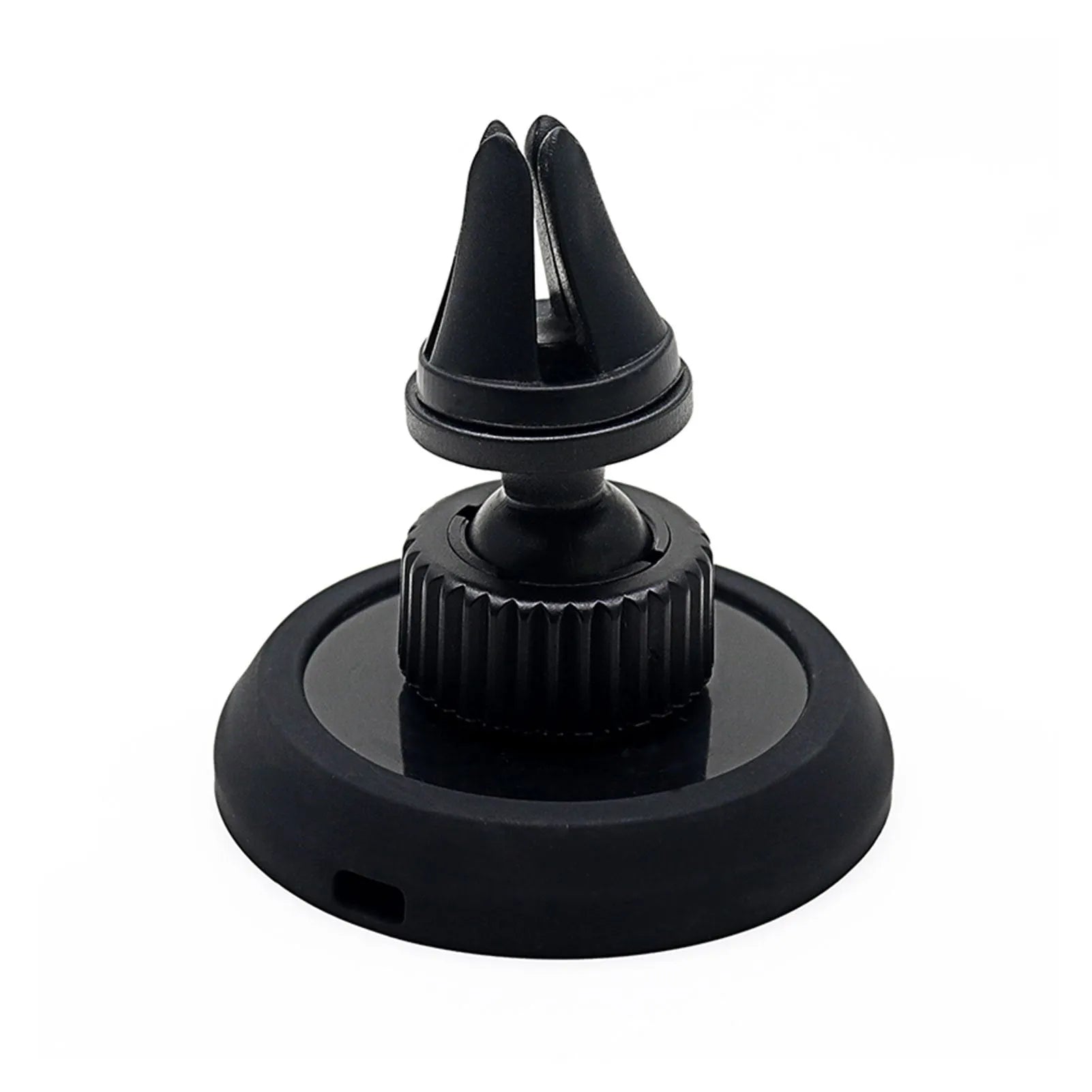 Black magnetic car phone holder showing both air vent mount and base dashboard mount options