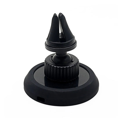 Black magnetic car phone holder showing both air vent mount and base dashboard mount options
