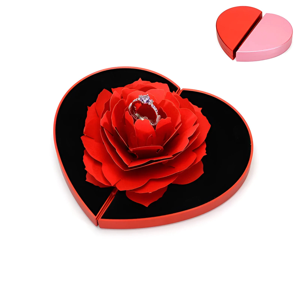Red 3D heart-shaped plastic ring box with rose decoration on a rotating stand