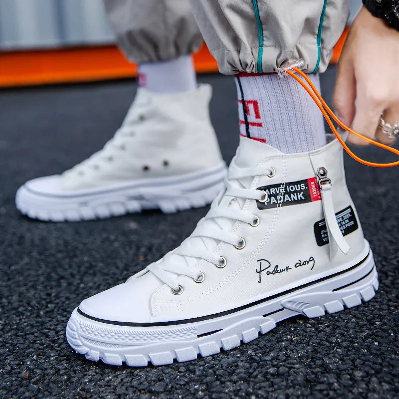 Men's high top canvas casual shoes with letter pattern, front lace-up, round toe, white green black, sizes 39-44