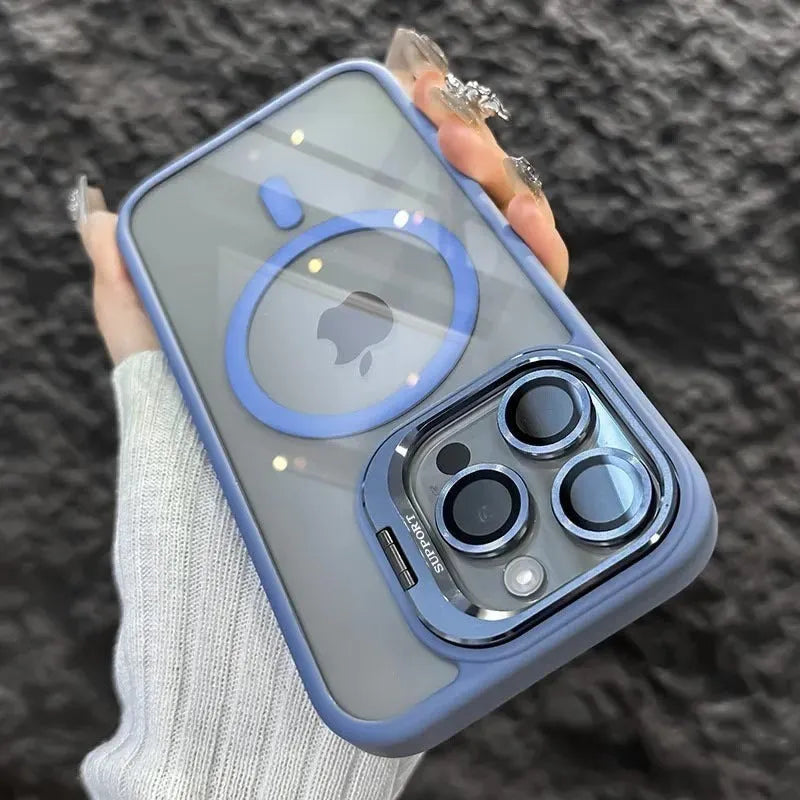 Transparent iPhone case with invisible bracket, CD pattern lens protector and hollow electroplated finish in black