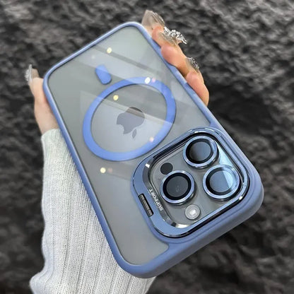 Transparent iPhone case with invisible bracket, CD pattern lens protector and hollow electroplated finish in black
