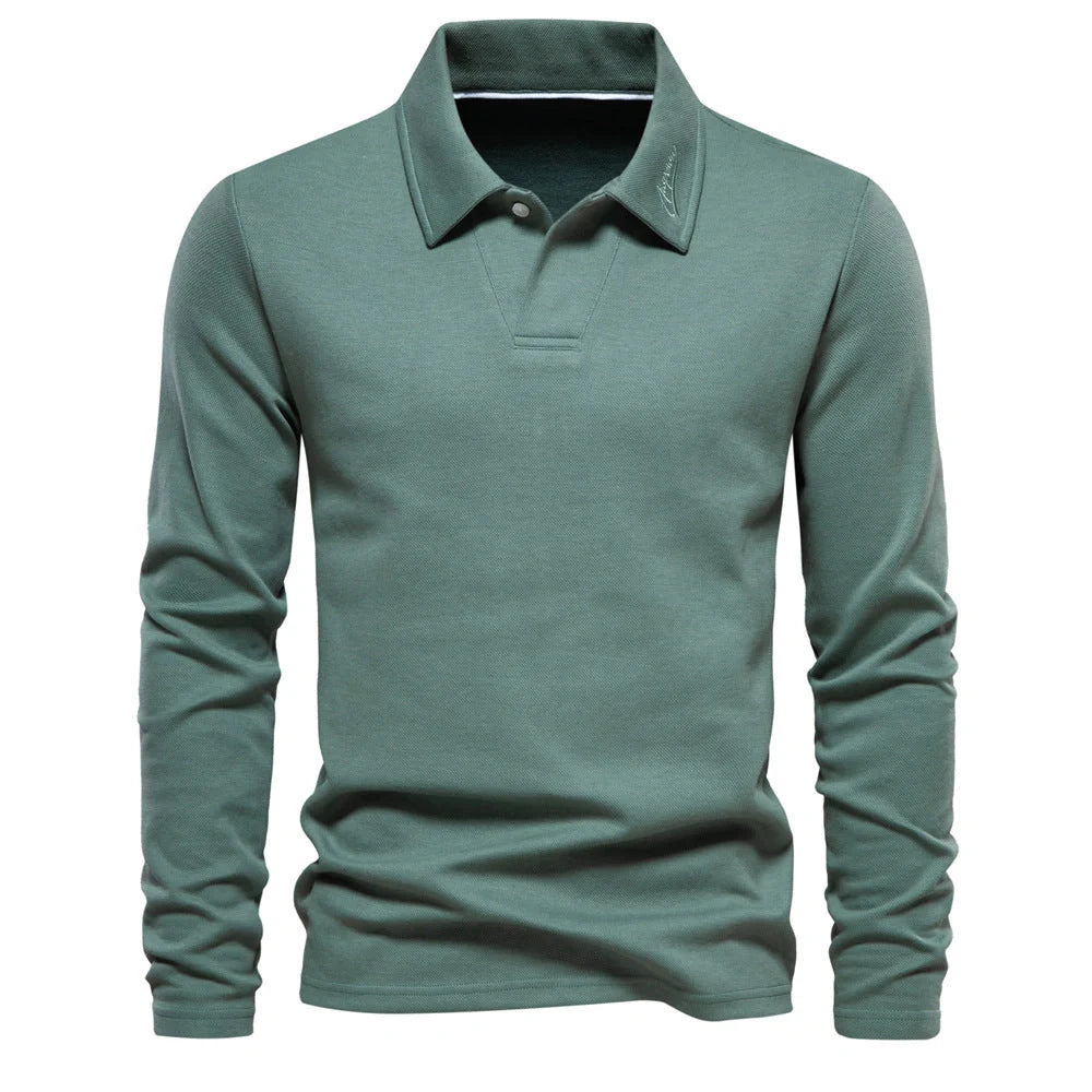 Stylish long-sleeve polo shirt in various colors, featuring a unique lapel design and made from premium cotton-blend fabric for comfort and durability.