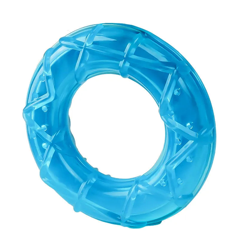 Three plastic dog toys: a blue pacifier, a red popsicle and an orange ring, designed to be filled with water and frozen.