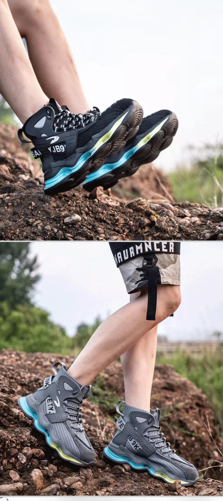 Steel safety shoes with anti-smash and anti-puncture protection in black and gray