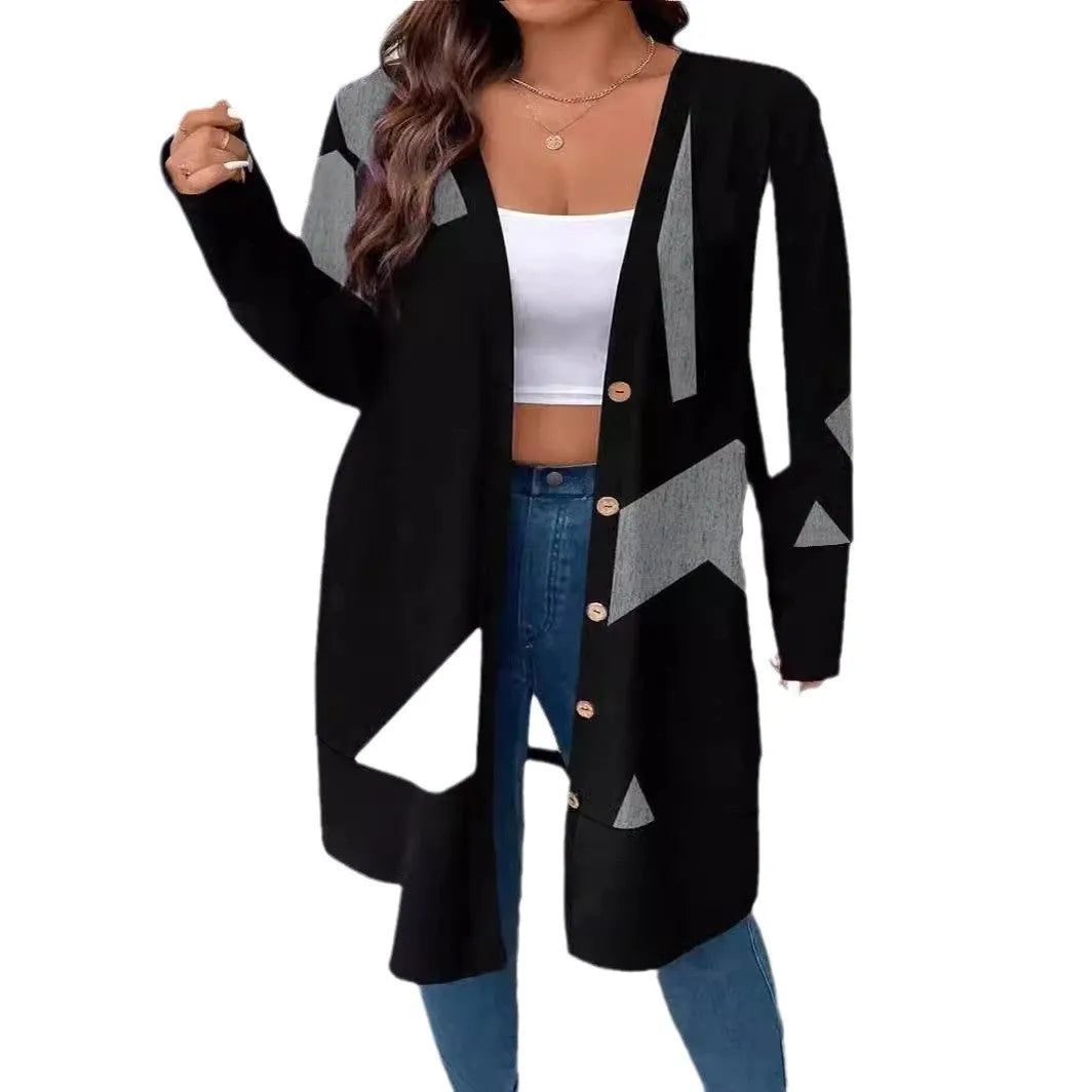 Black loose plus size cardigan with button stitching on the front.