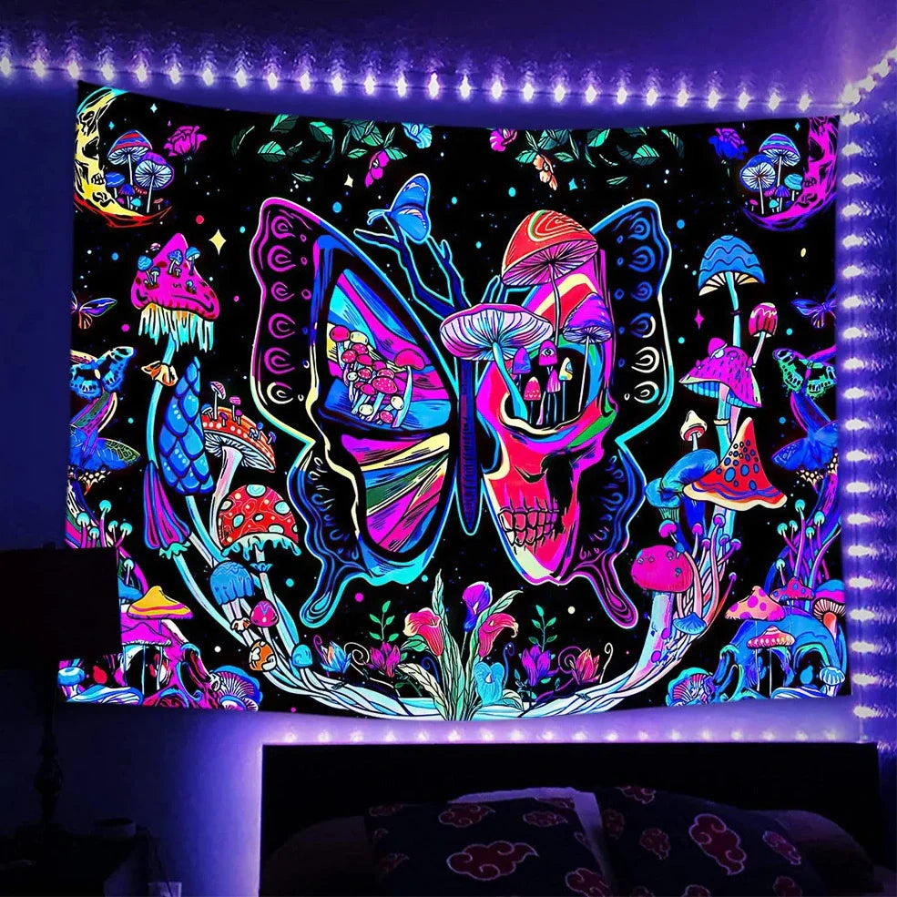 Fluorescent luminous polyester tapestry with psychedelic machine-woven patterns glowing under UV light