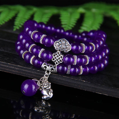Purple chalcedony natural crystal bracelet with three-circle ethnic design on elastic cord