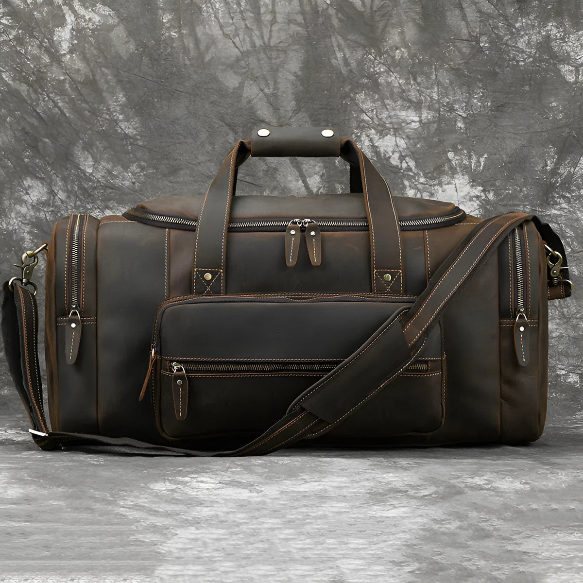 Men's dark brown full-grain leather crossbody handbag, 58cm large capacity, anti-theft, with shoulder strap.