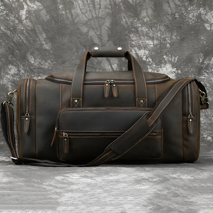 Men's dark brown full-grain leather crossbody handbag, 58cm large capacity, anti-theft, with shoulder strap.