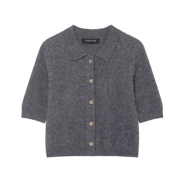 Grey striped women's short-sleeved shirt with regular fit and 50cm length