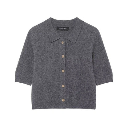 Grey striped women's short-sleeved shirt with regular fit and 50cm length