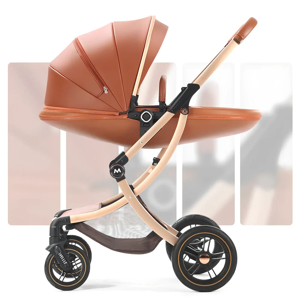 Luxury baby stroller with car seat showing aluminium frame and storage basket in Caesar Brown colour
