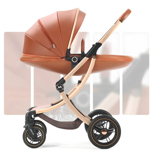 Luxury baby stroller with car seat showing aluminium frame and storage basket in Caesar Brown colour