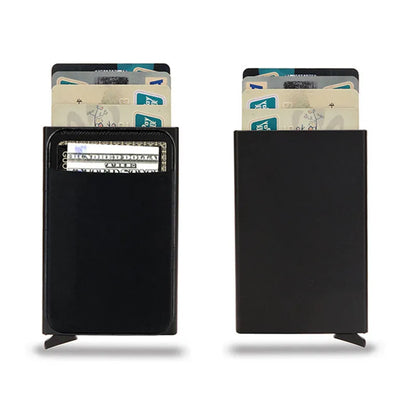 Aluminium alloy credit card holder with frosted finish measuring 9.5x6x1.0cm, showing RFID protection for 4-6 cards