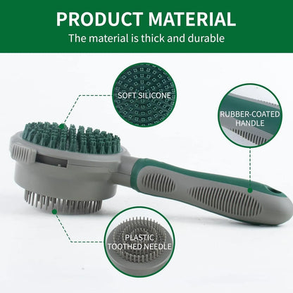 Green and pink two-sided pet brush showing retractable slicker bristles and silicone massage nubs on a white background.