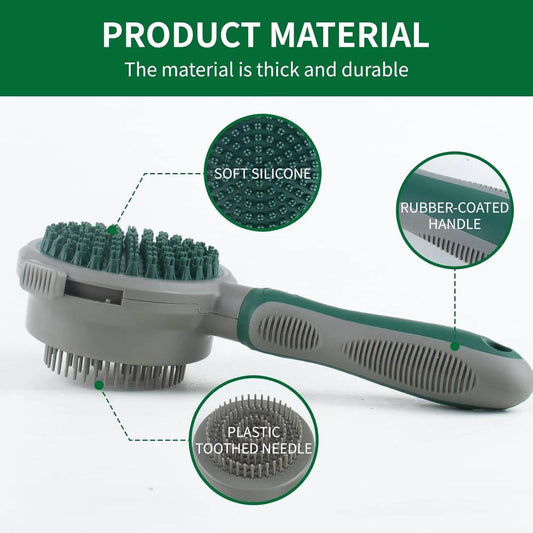 Green and pink two-sided pet brush showing retractable slicker bristles and silicone massage nubs on a white background.