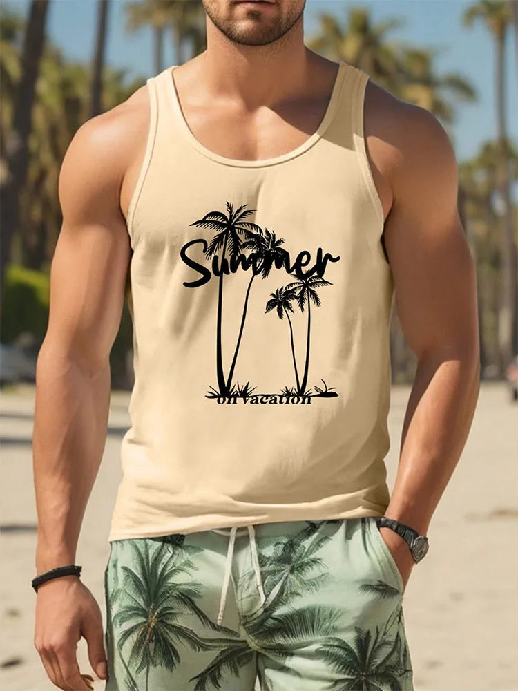Men's solid colour Hawaiian-style sleeveless vest with 3D printed design in polyester fabric