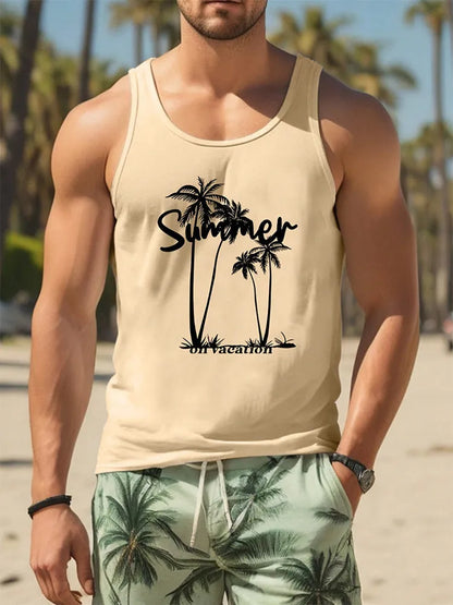 Men's solid colour Hawaiian-style sleeveless vest with 3D printed design in polyester fabric