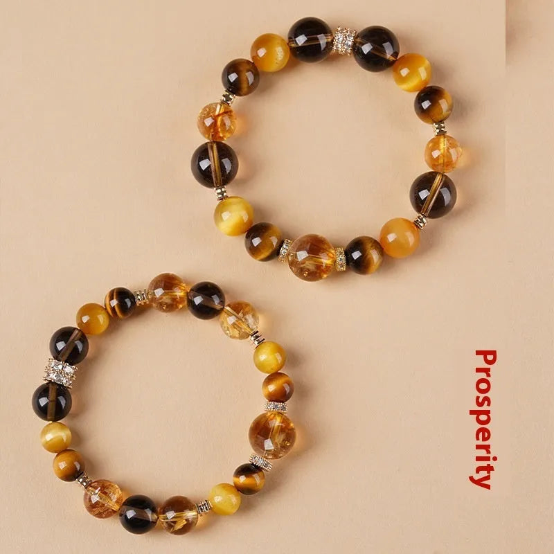 Natural tiger-eye crystal bracelet with yellow tower pattern in geometric design