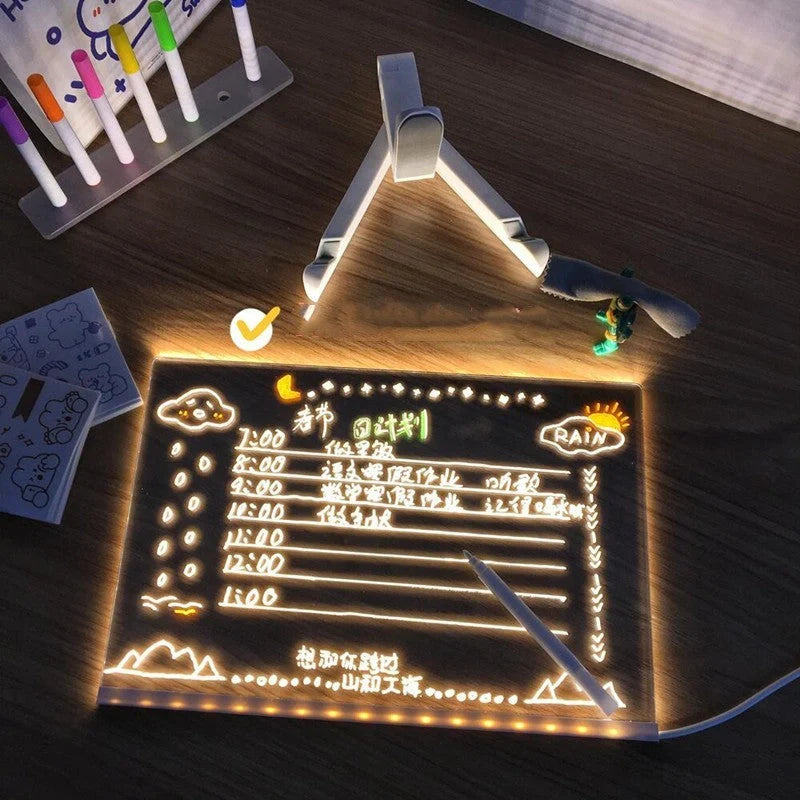 Acrylic DIY Note Board LED Night Light with colorful pens on a desk