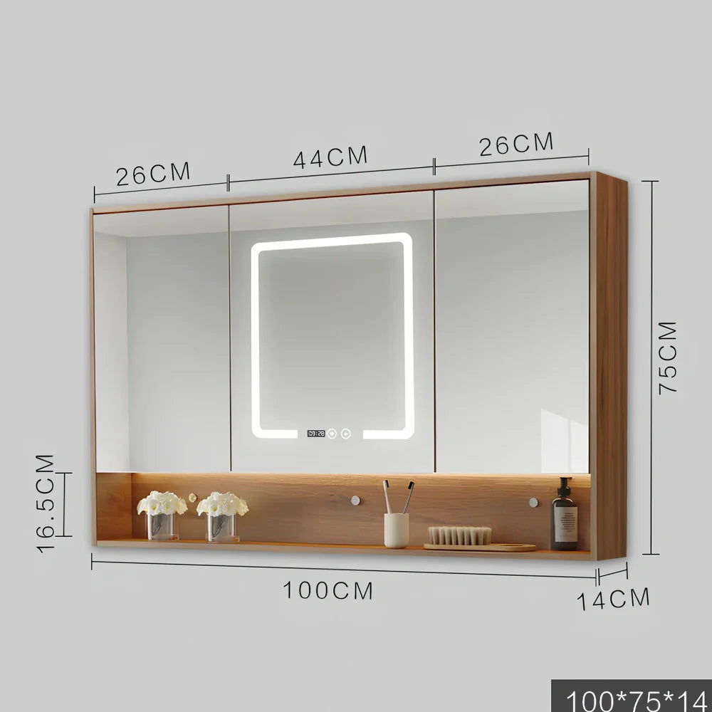 Wall-mounted bathroom mirror cabinet with LED lights and anti-fog technology in solid wood construction