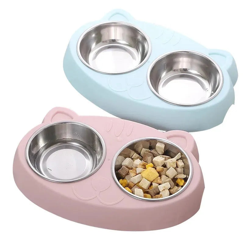 Blue plastic pet feeder tray with two adjacent bowls for cat or dog food and water