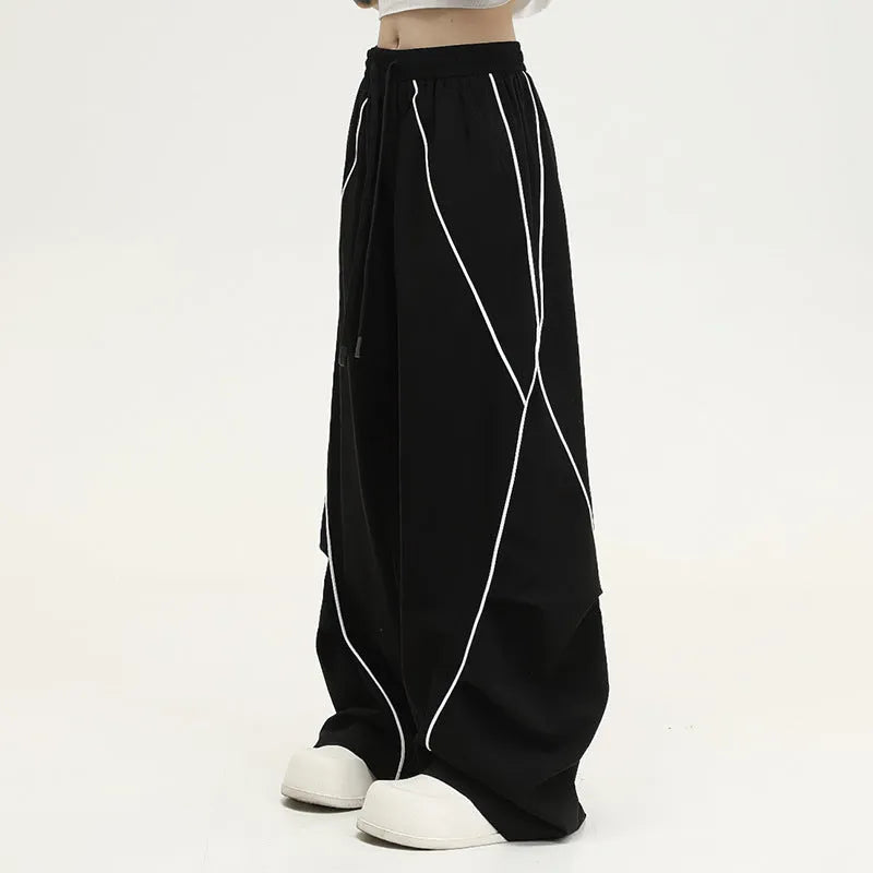 Black stripe pattern pleated hip hop sports wide-leg trousers with mid-waist fit