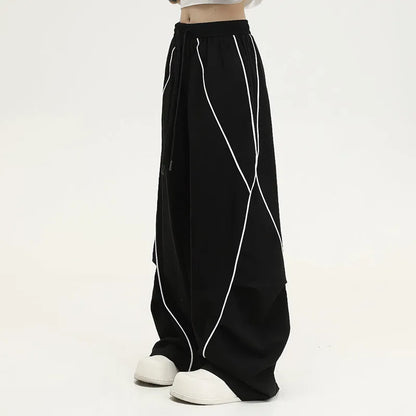 Black stripe pattern pleated hip hop sports wide-leg trousers with mid-waist fit
