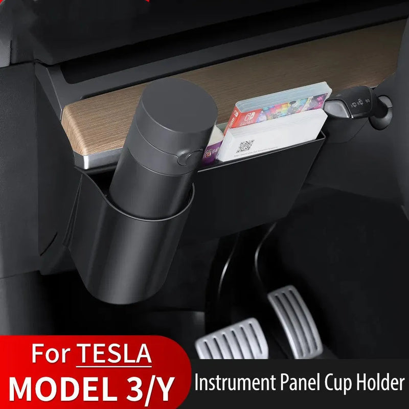 Tesla Model 3 and Model Y Dashboard Water Cup Holder for left-hand drive models, plastic dashboard accessory with integrated handle, waterproof pressure-resistant cup holder for central console organisation