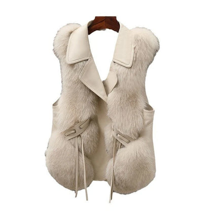Women's short artificial fur vest in patchwork design, available in milk tea and camel colors