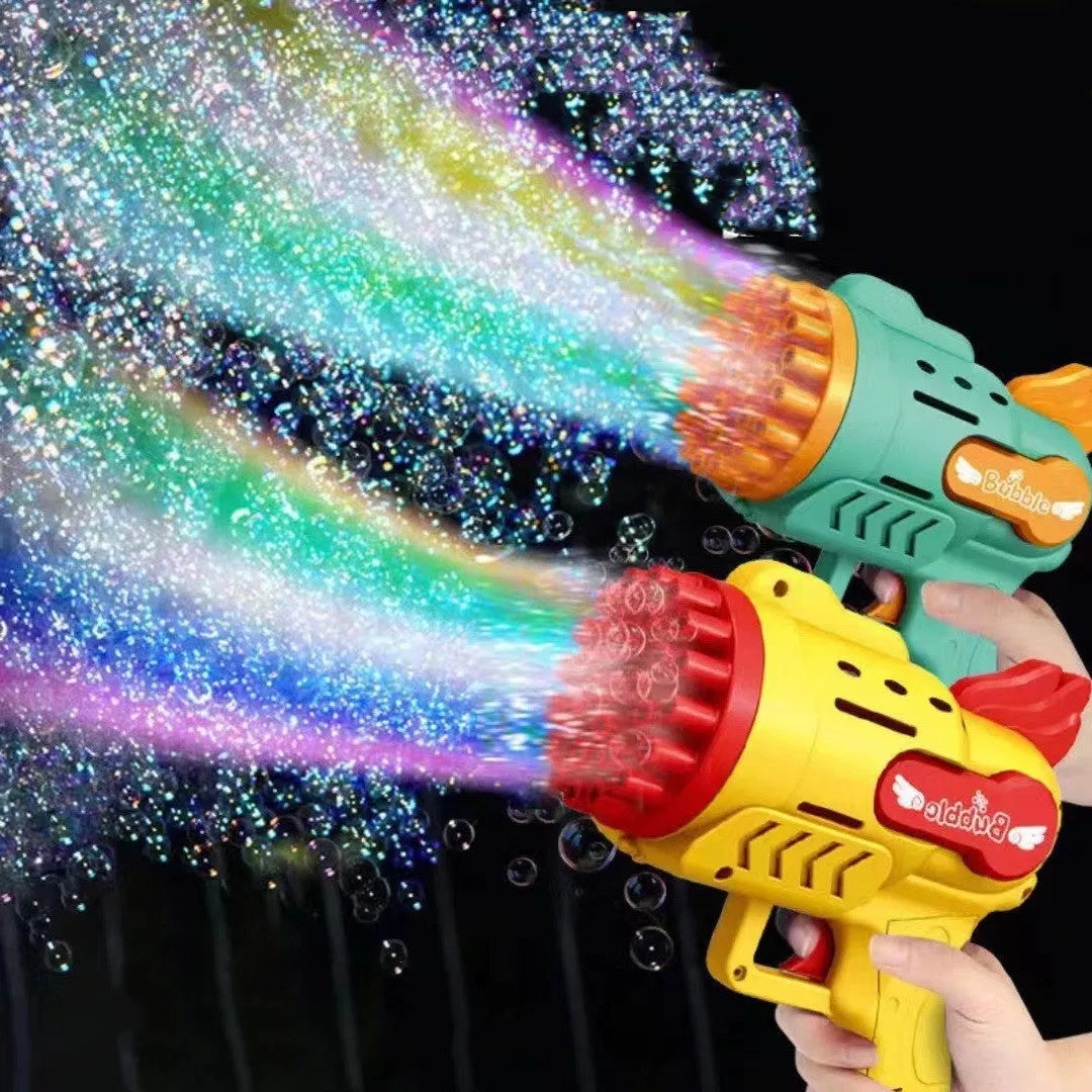 Luminous Bubble Gun Gatling Electric Toy for Kids in green, yellow, and blue
