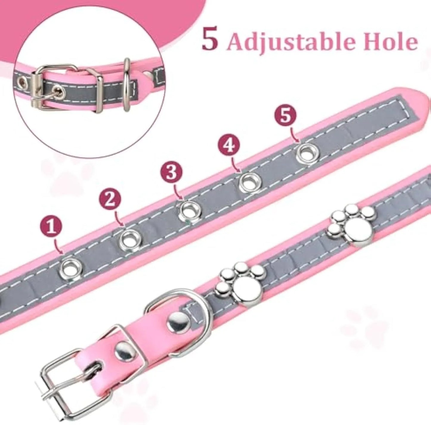 Reflective adjustable dog collar with paw rivet on soft PU leather, showing metal buckle and five adjustment holes