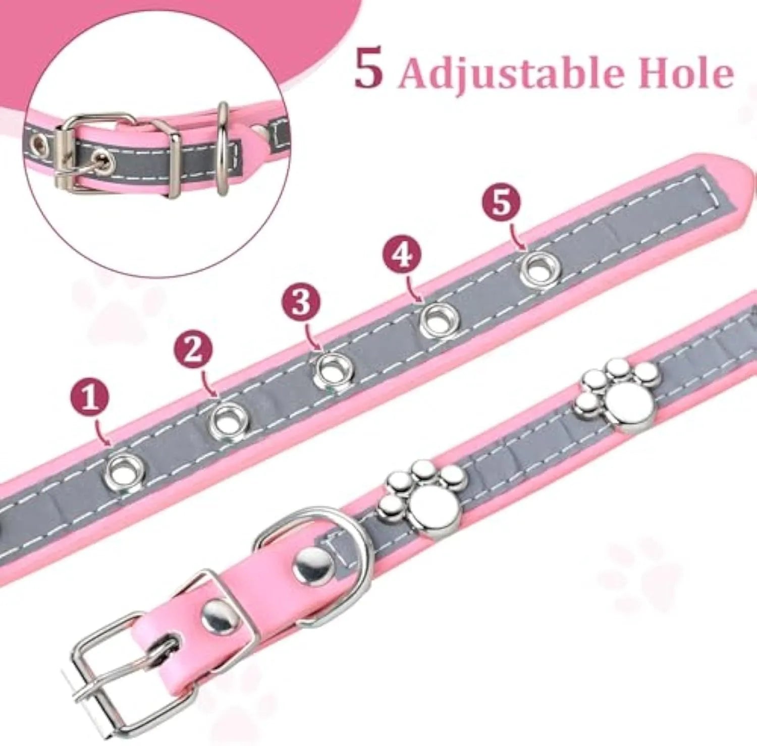 Reflective adjustable dog collar with paw rivet on soft PU leather, showing metal buckle and five adjustment holes